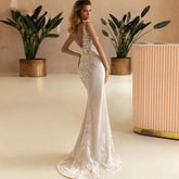 Sexy V-Neck Mermaid Wedding Dresses Lace Boho Backless Bride Gowns With Detachable Train Tulle Sleeveless Robe De Mariée